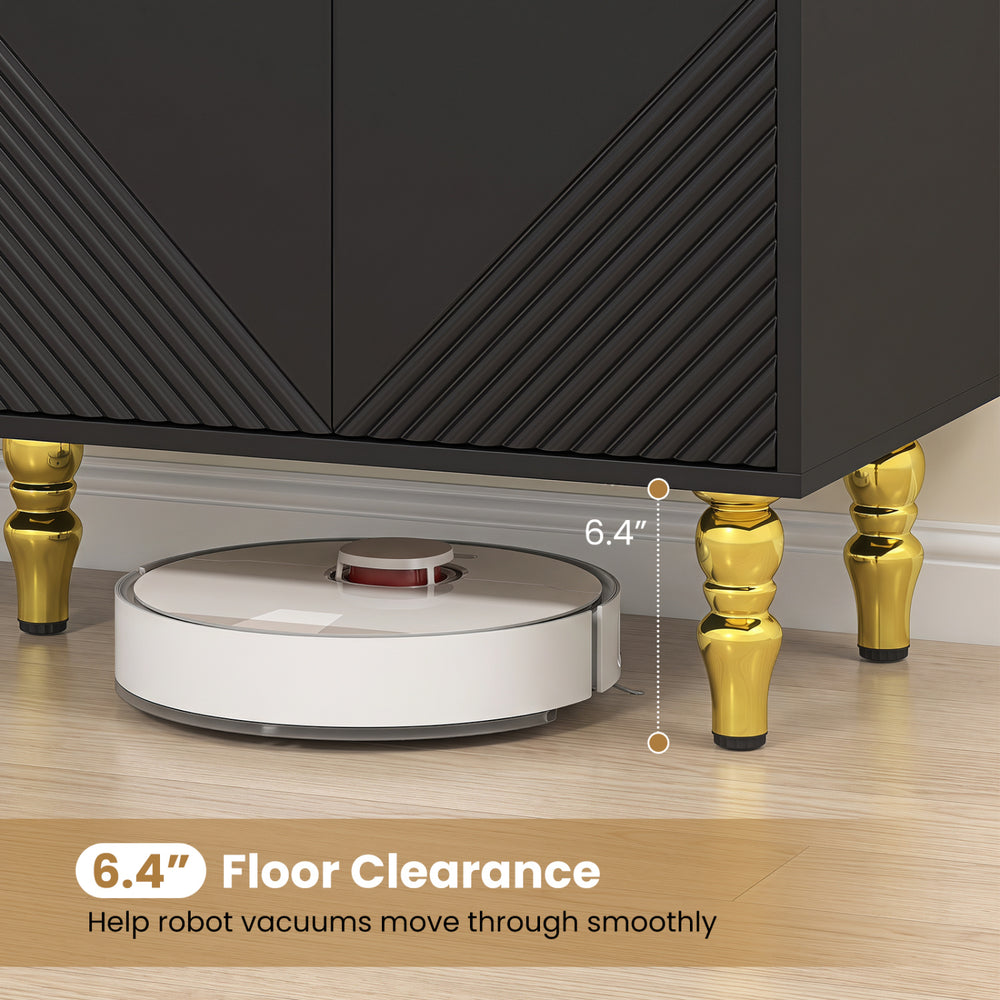 The 47" black sideboard buffet cabinet features 6.4" floor clearance for easy robot vacuum access and elegant gold legs.