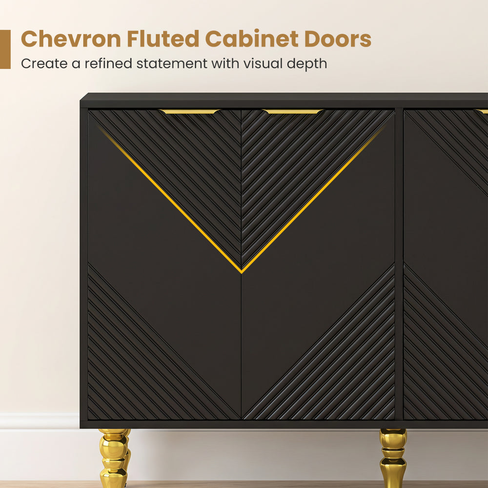 Black 47" sideboard buffet cabinet featuring chevron fluted doors, adjustable shelves, and anti-toppling devices for stability.