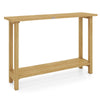 Solid wood console table with a teak wood frame, featuring a 1" thick tabletop and a lower storage shelf for versatile.