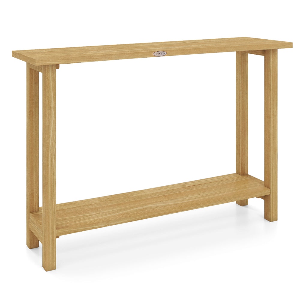 Solid wood console table with a teak wood frame, featuring a 1" thick tabletop and a lower storage shelf for versatile.