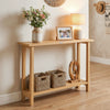 Solid wood console table with teak frame, featuring a 1" thick tabletop and two storage baskets for a rustic farmhouse.