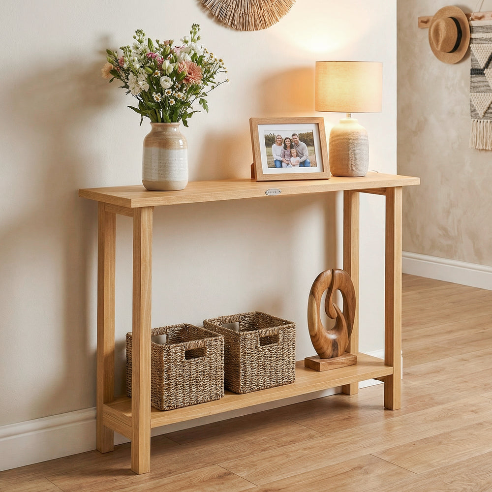Solid wood console table with teak frame, featuring a 1" thick tabletop and two storage baskets for a rustic farmhouse.