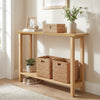 Solid wood console table with teak frame, featuring a 1" thick tabletop and two storage baskets for versatile.