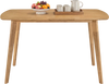 Solid wood dining table with rounded edges, seats 4, made from rubber wood, perfect for dining rooms or kitchens.