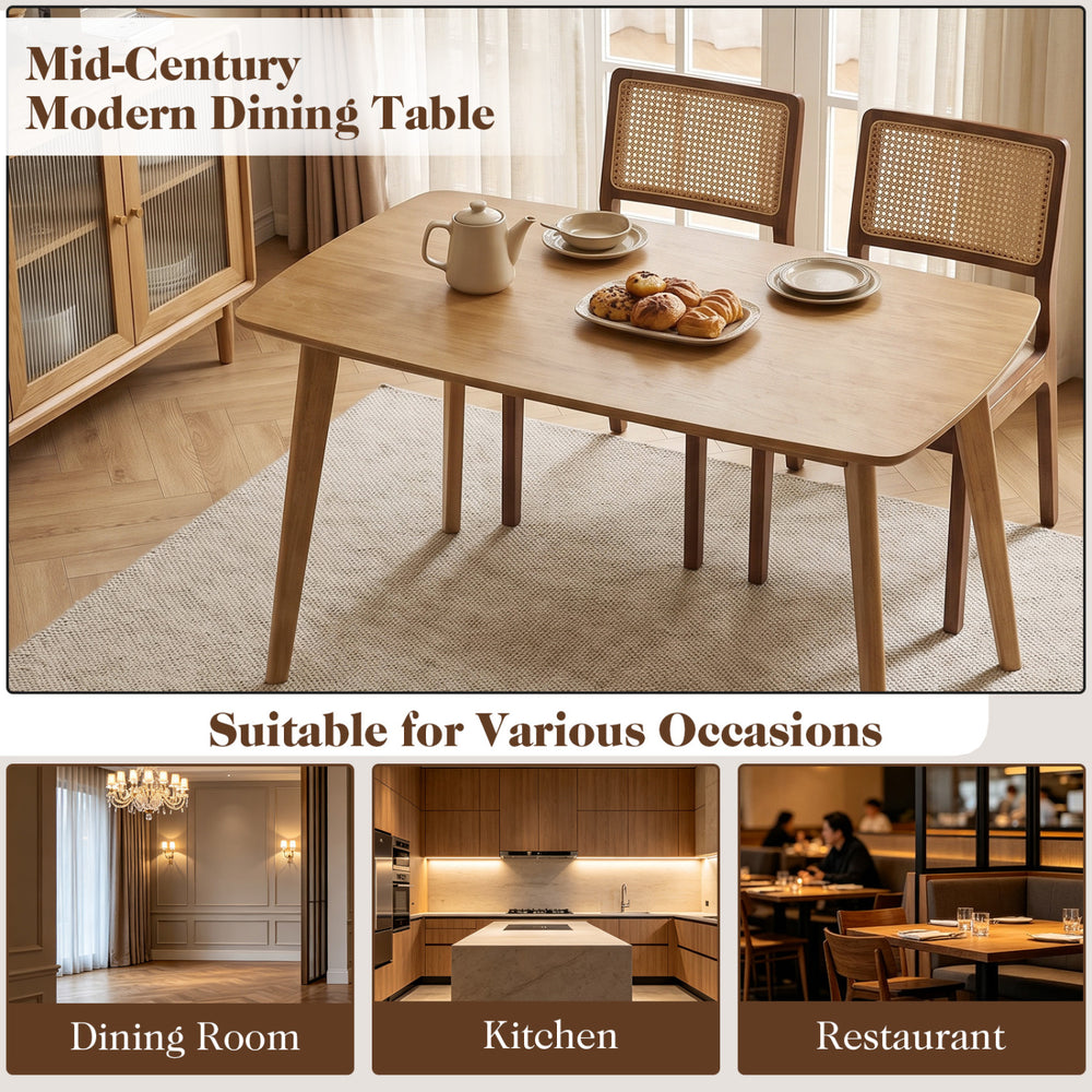 Solid wood dining table for 4 people with rounded edges, ideal for dining rooms, kitchens, or restaurants.