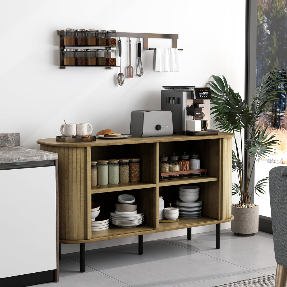 47-inch oak sideboard buffet cabinet with adjustable shelves, sliding doors, and metal legs for kitchen or dining room.