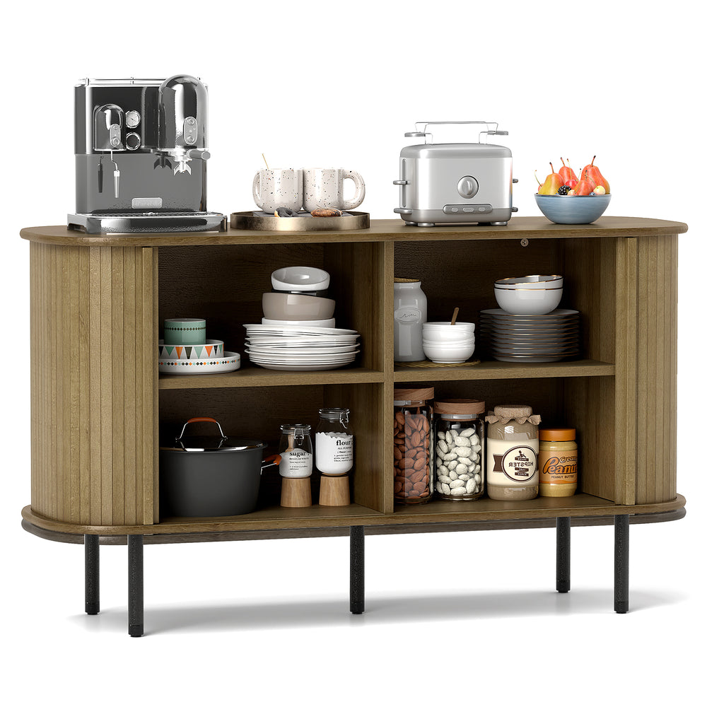 47-inch oak sideboard buffet cabinet with adjustable shelves, tambour doors, and metal legs for kitchen or dining room.