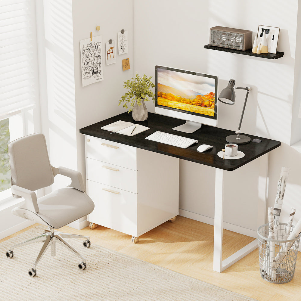 Universal 47” x 24” black tabletop with dual cable holes, perfect for standard and standing desk frames.