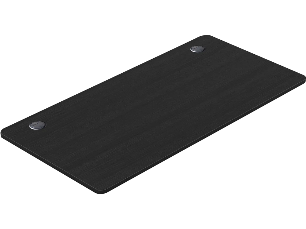 Universal 47” x 24” black tabletop with dual cable holes, ideal for standard and standing desk frames.