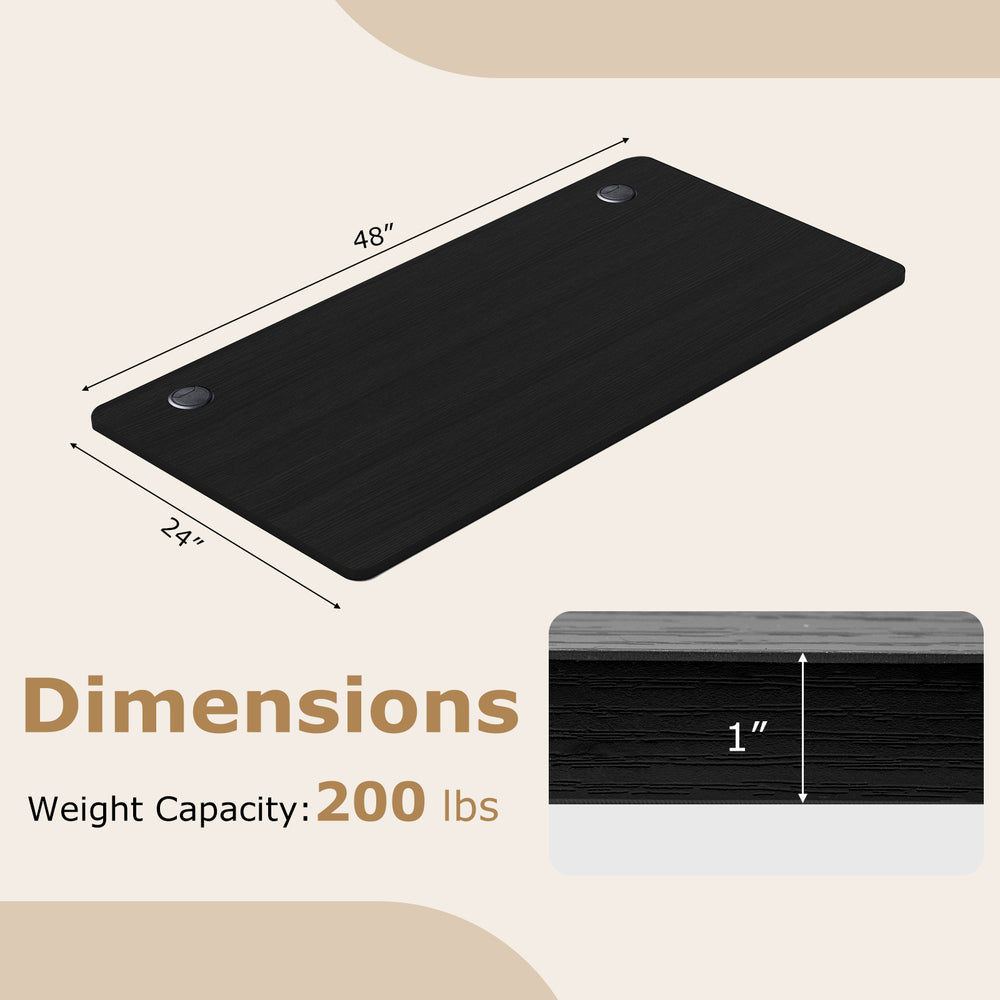 Black 47” x 24” universal tabletop with dual cable holes, designed for standard and standing desk frames.