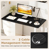 Black 47” x 24” universal tabletop with dual cable management holes for efficient workspace organization.