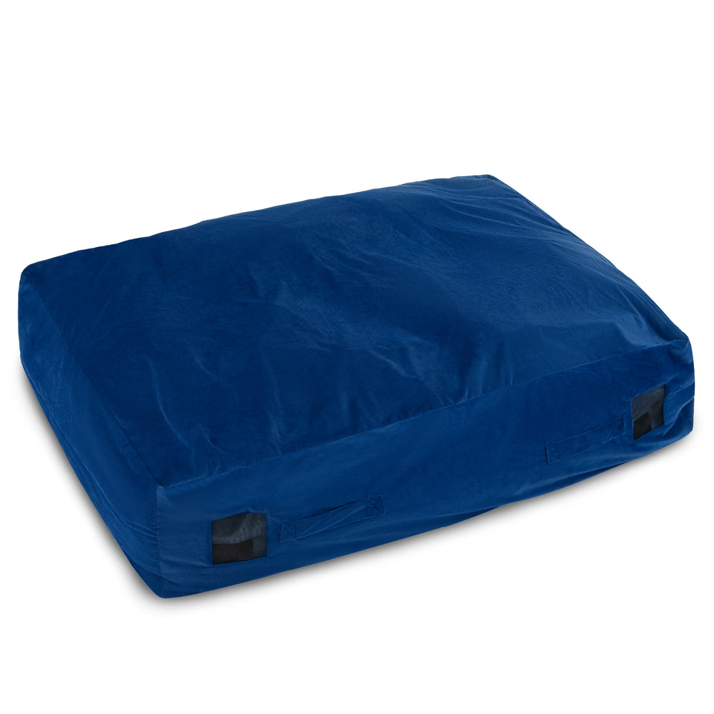 Blue 47 x 35.5 inch crash pad sensory mat with soft foam blocks, washable cover, and non-slip bottom for safe play.