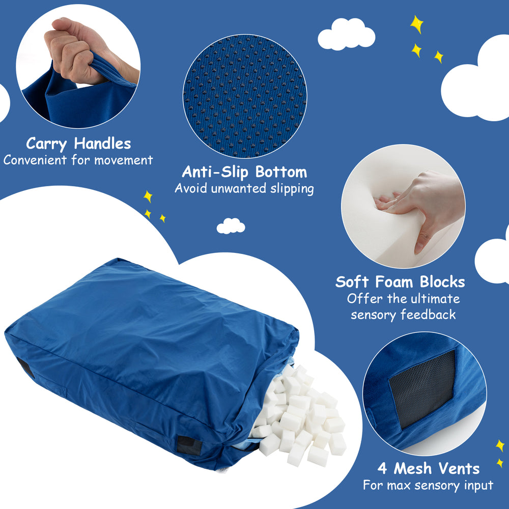 Blue 47 x 35.5 inch crash pad sensory mat with soft foam blocks, non-slip bottom, and carry handles for easy movement.