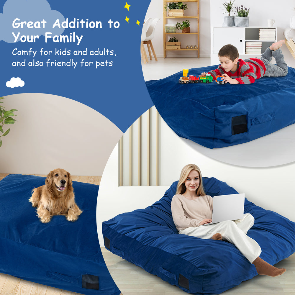 Blue 47 x 35.5 inch crash pad sensory mat with removable cover, ideal for kids, adults, and pets for play and.