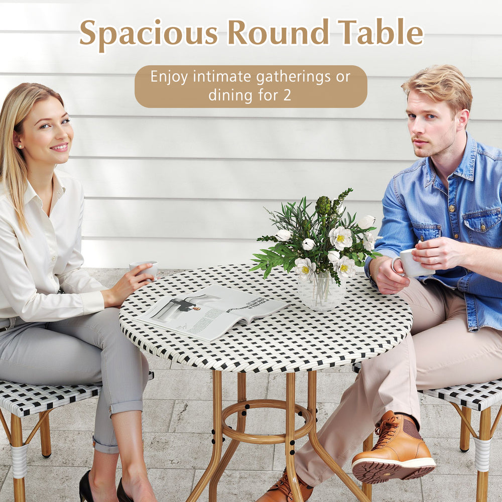 Spacious 27.5 inch outdoor bistro table with white PE rattan and metal frame, perfect for intimate gatherings for 2.