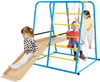 Indoor jungle gym in blue with slide, swing, and climbing features, designed for kids 3+ years for safe play.