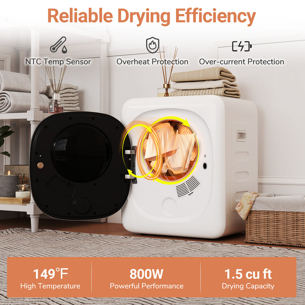 Portable 800W electric clothes dryer with 1.5 cu.ft capacity, featuring a sleek design and LED touch panel for.