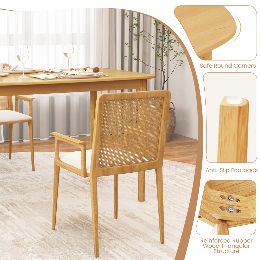 Natural finish dining table with rubber wood legs, featuring safe round corners and anti-slip footpads for kitchen use.