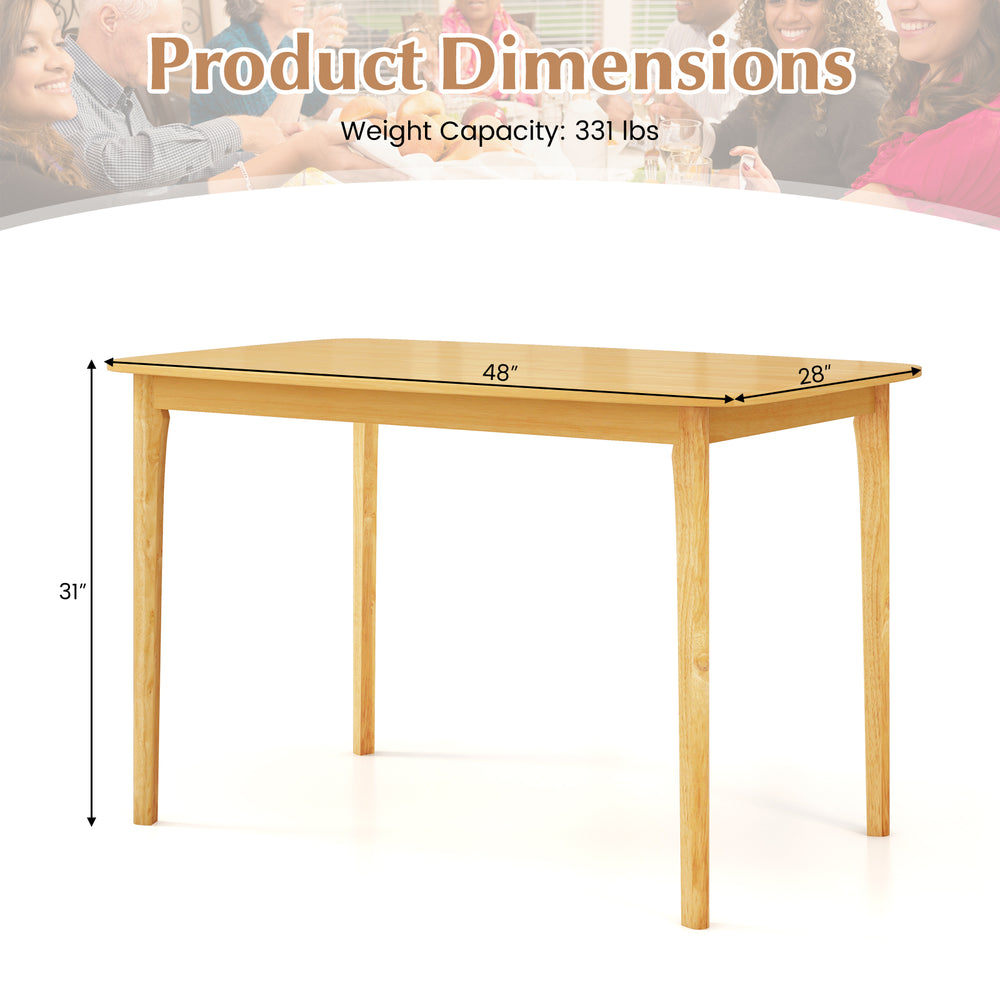 Solid wood dining table with rubber wood legs, 48" x 28", natural finish, ideal for kitchen dining room use.