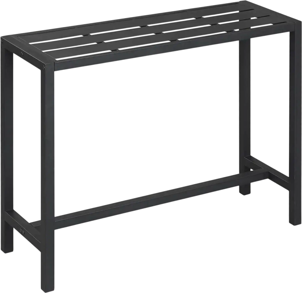 Outdoor bar table with a waterproof top, heavy-duty metal frame, and drainage gaps, ideal for patio or poolside use.