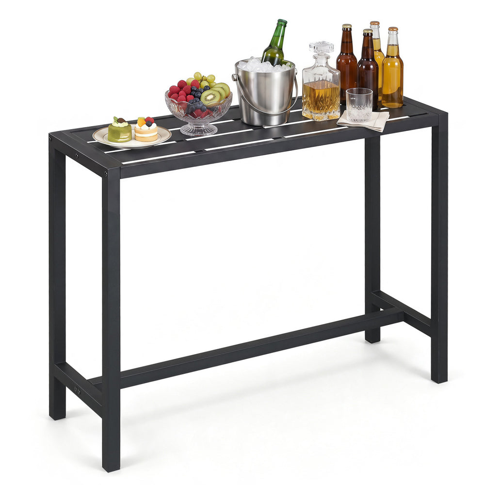 Outdoor bar table with waterproof top, heavy-duty metal frame, and spacious surface for dining or chatting.
