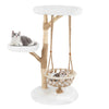Solid wood cat tree with a hanging cradle and jute scratching post, featuring plush platforms for lounging and relaxing.
