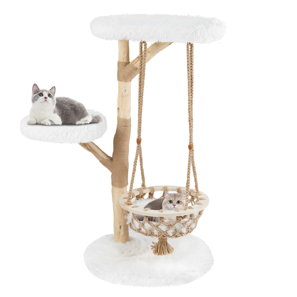Solid wood cat tree with a hanging cradle and jute scratching post, featuring plush platforms for lounging and relaxing.