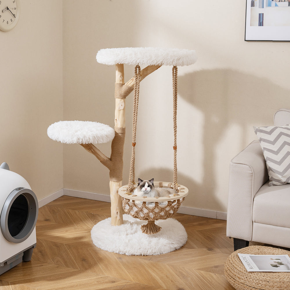Solid wood cat tree with a hanging cradle, plush fabric, and jute scratching post for cozy lounging and play.