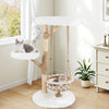 Solid wood cat tree with a hanging cradle and jute scratching post, featuring plush fabric for comfort and stability.