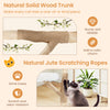 Solid wood cat tree with a jute scratching post, featuring a cozy cradle and plush fabric for comfort and relaxation.