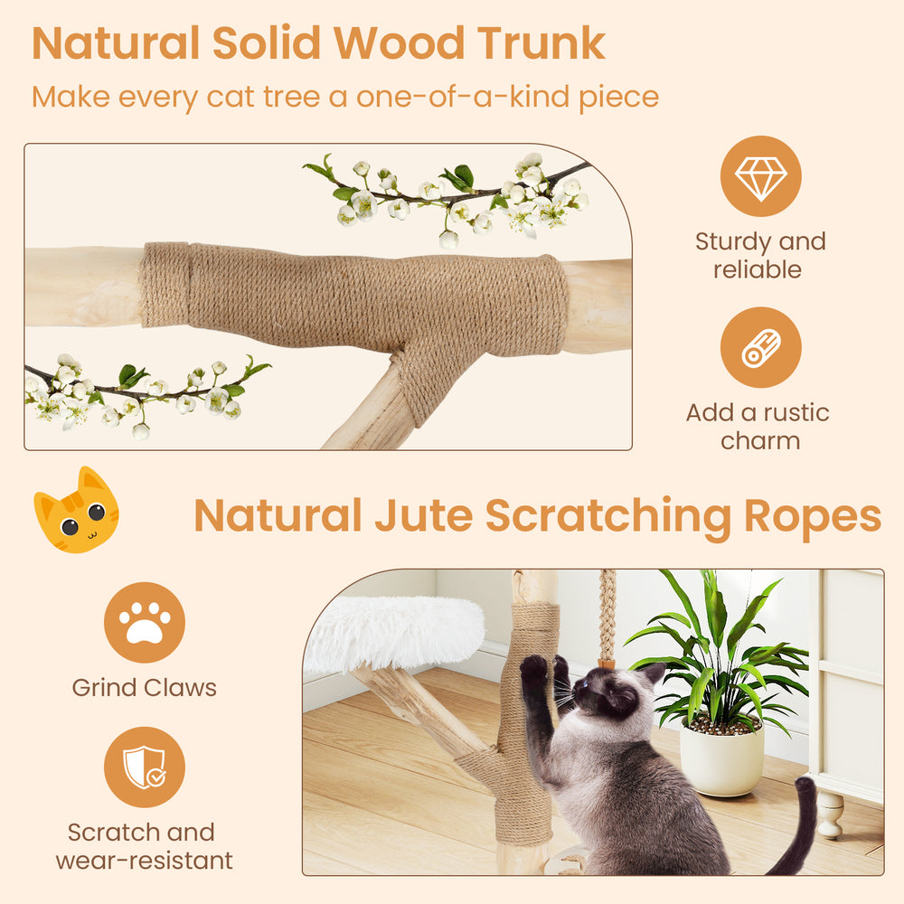 Solid wood cat tree with a jute scratching post, featuring a cozy cradle and plush fabric for comfort and relaxation.