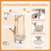 Solid wood cat tree with hanging cradle, jute scratching post, and plush fabric for comfort and stability.