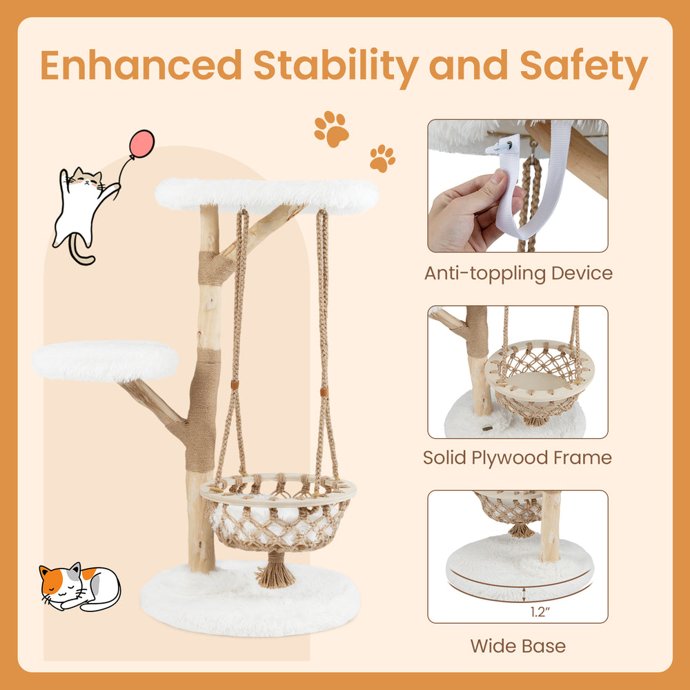 Solid wood cat tree with hanging cradle, jute scratching post, and plush fabric for comfort and stability.