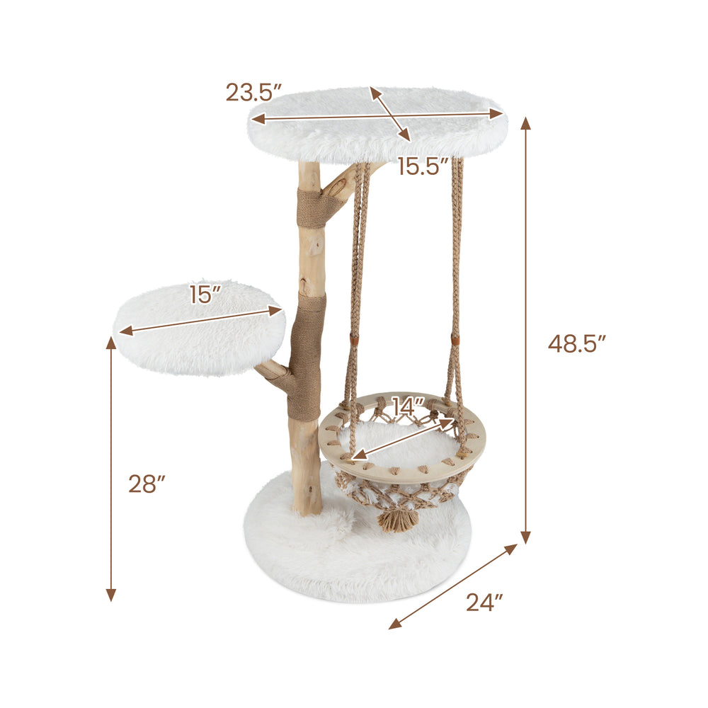 Solid wood cat tree with a hanging cradle, plush platforms, and jute scratching post for pet comfort and play.