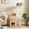 Multi-level solid wood cat tree features a padded top perch, cat condo, and sisal scratching posts for indoor cats.