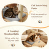 Multi-level cat tree with padded perch, sisal scratching posts, and three hanging wooden balls for indoor cat play.