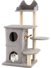 Multi-level gray cat tree with dual condos, three hideaway caves, and sisal scratching posts for large cats.