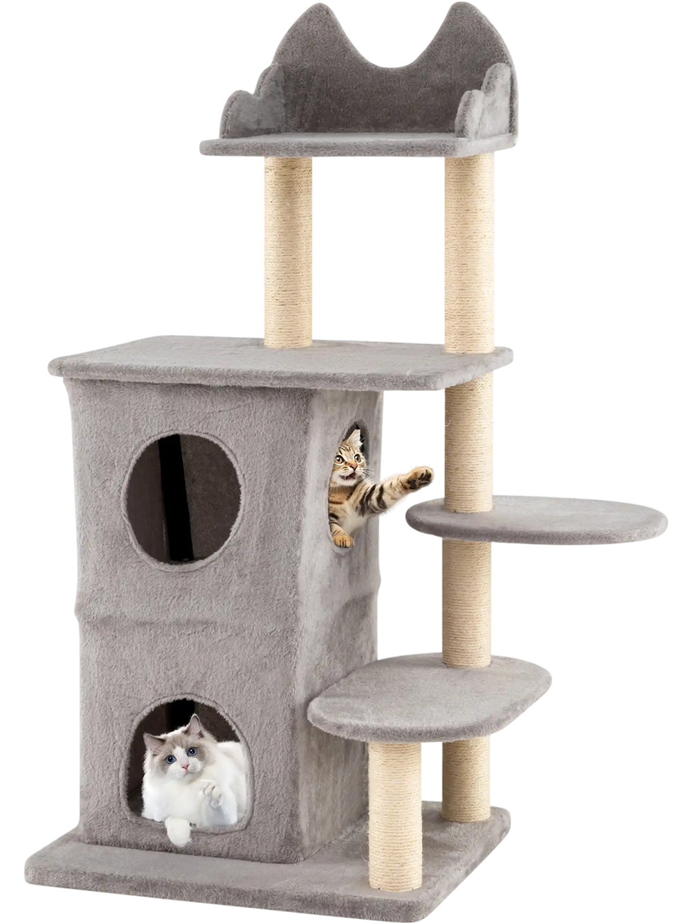 Multi-level gray cat tree with dual condos, three hideaway caves, and sisal scratching posts for large cats.