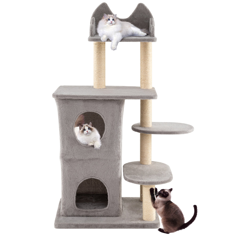 Multi-level 48.5-inch gray cat tree with dual condos, three hideaway caves, and sisal scratching posts for large cats.