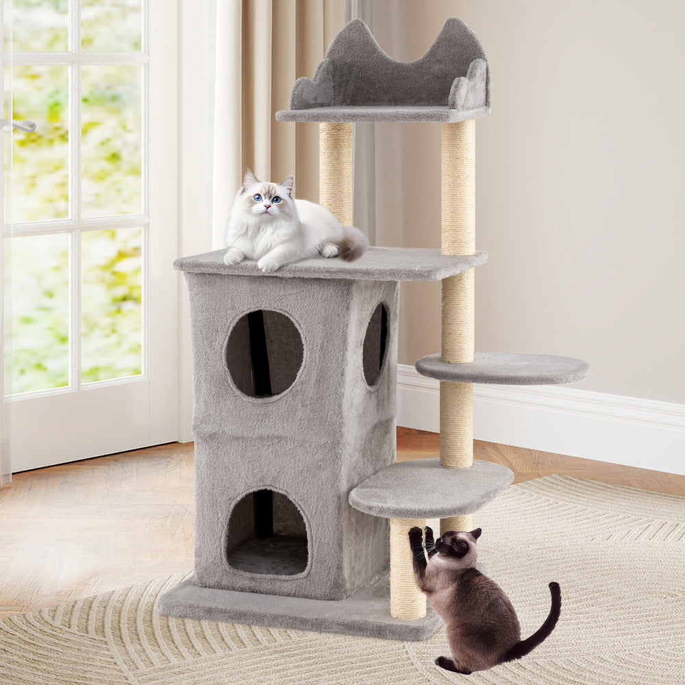 Multi-level 48.5-inch gray cat tree with dual condos, scratching posts, and a top perch for large cats.