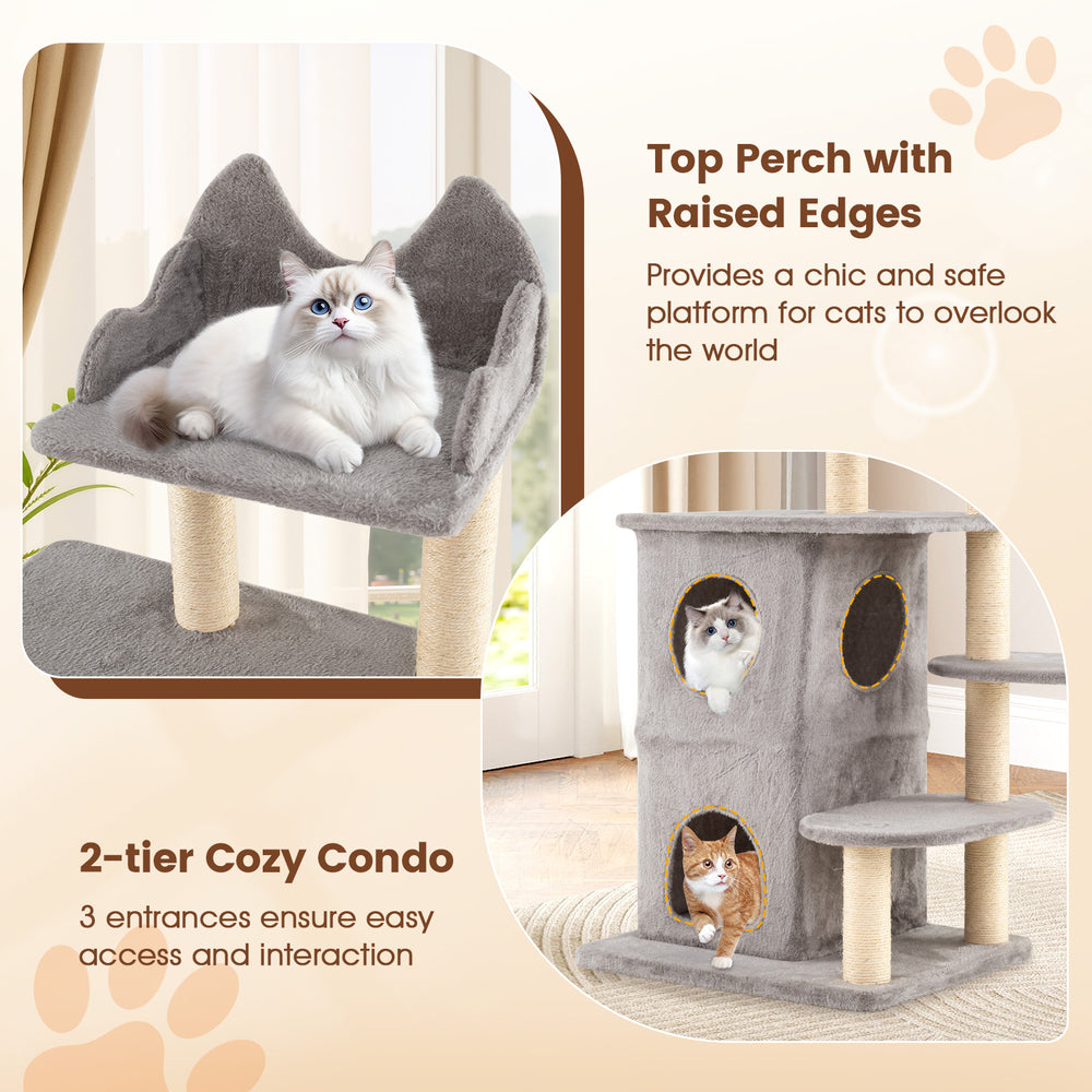 Cat tree featuring a 48.5-inch tall design with a 2-story condo, plush fabric, and raised perch for large cats.