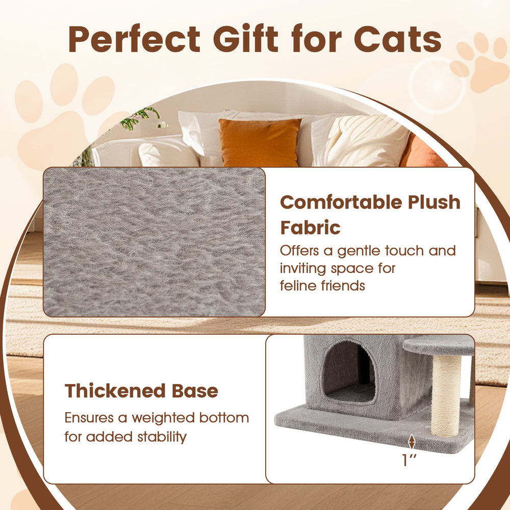 48.5-inch gray cat tree featuring dual condos, plush fabric, and thickened base for stability and feline comfort.