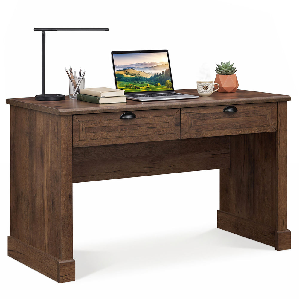 Farmhouse executive desk with a rich wood finish, featuring two drawers and ample tabletop space for efficient work organization.