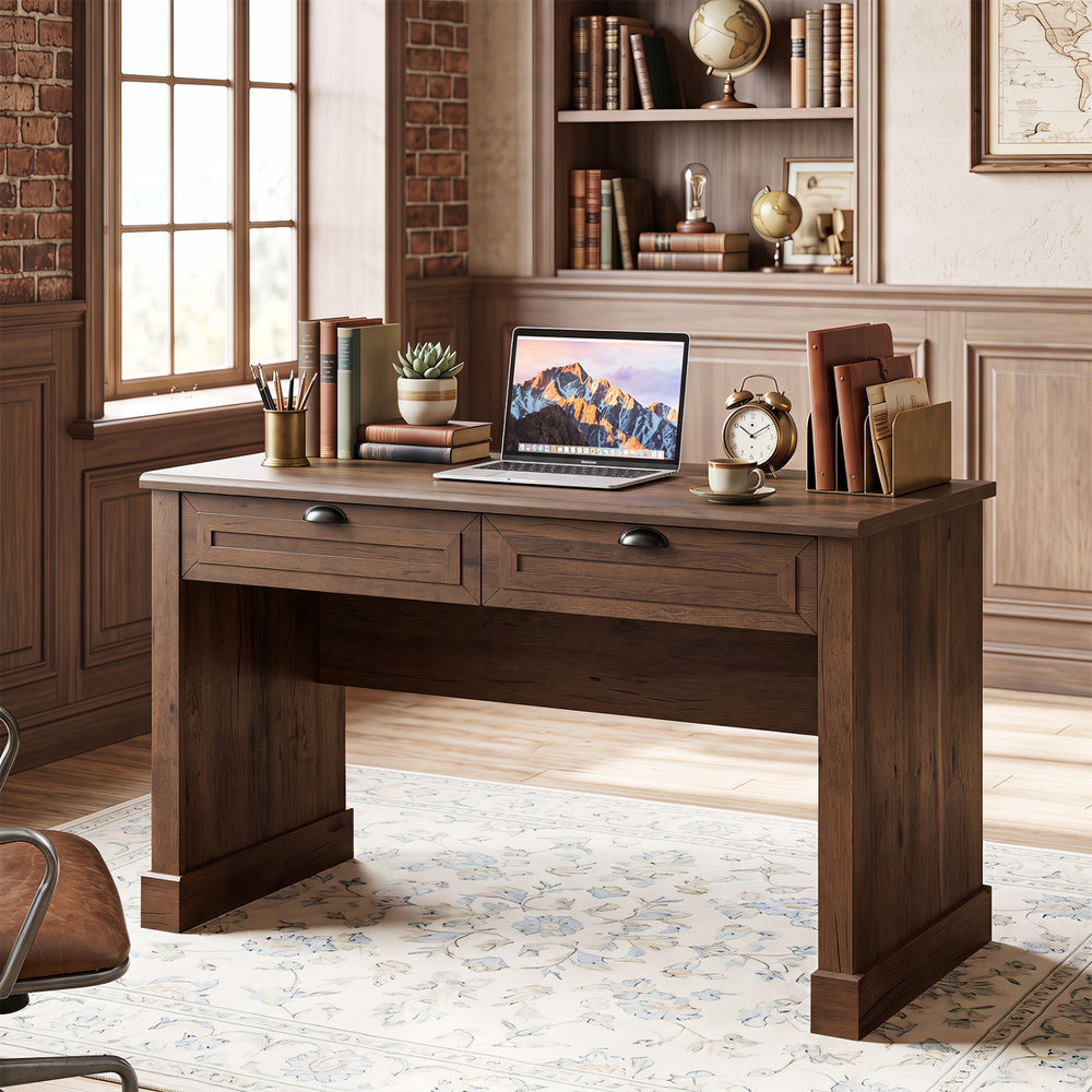 Farmhouse executive desk with a spacious tabletop and two drawers, perfect for organizing office supplies and enhancing workspace.