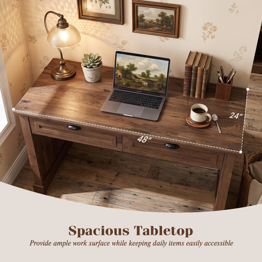 Spacious 48" farmhouse executive desk with two drawers, perfect for organizing office supplies and providing a comfortable workspace.