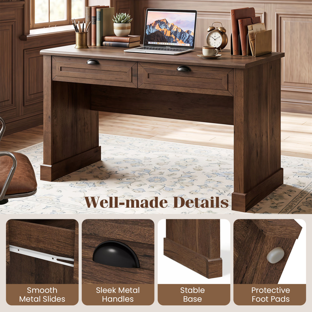 48" farmhouse executive desk featuring a spacious tabletop, two drawers, and a stable base with protective foot pads.