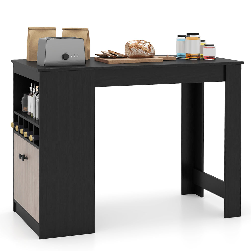 48-inch black bar table featuring a storage cabinet, wine rack, and wide tabletop, ideal for home or commercial use.