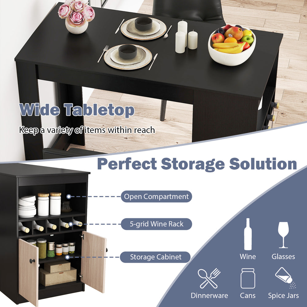 48-inch black bar table featuring a wide tabletop, storage cabinet, and 5-grid wine rack for versatile use.