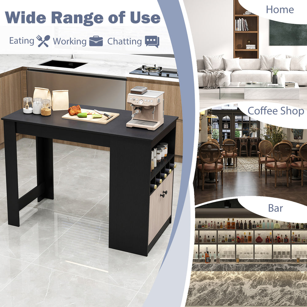 48-inch black bar table with storage cabinet and wine rack, ideal for home, coffee shop, or bar use.