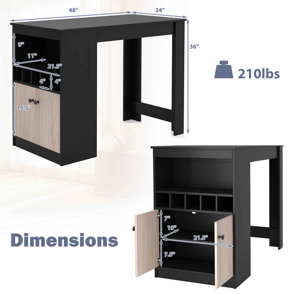 48-inch black bar table with storage cabinet, wine rack, and adjustable shelf for home or commercial use.